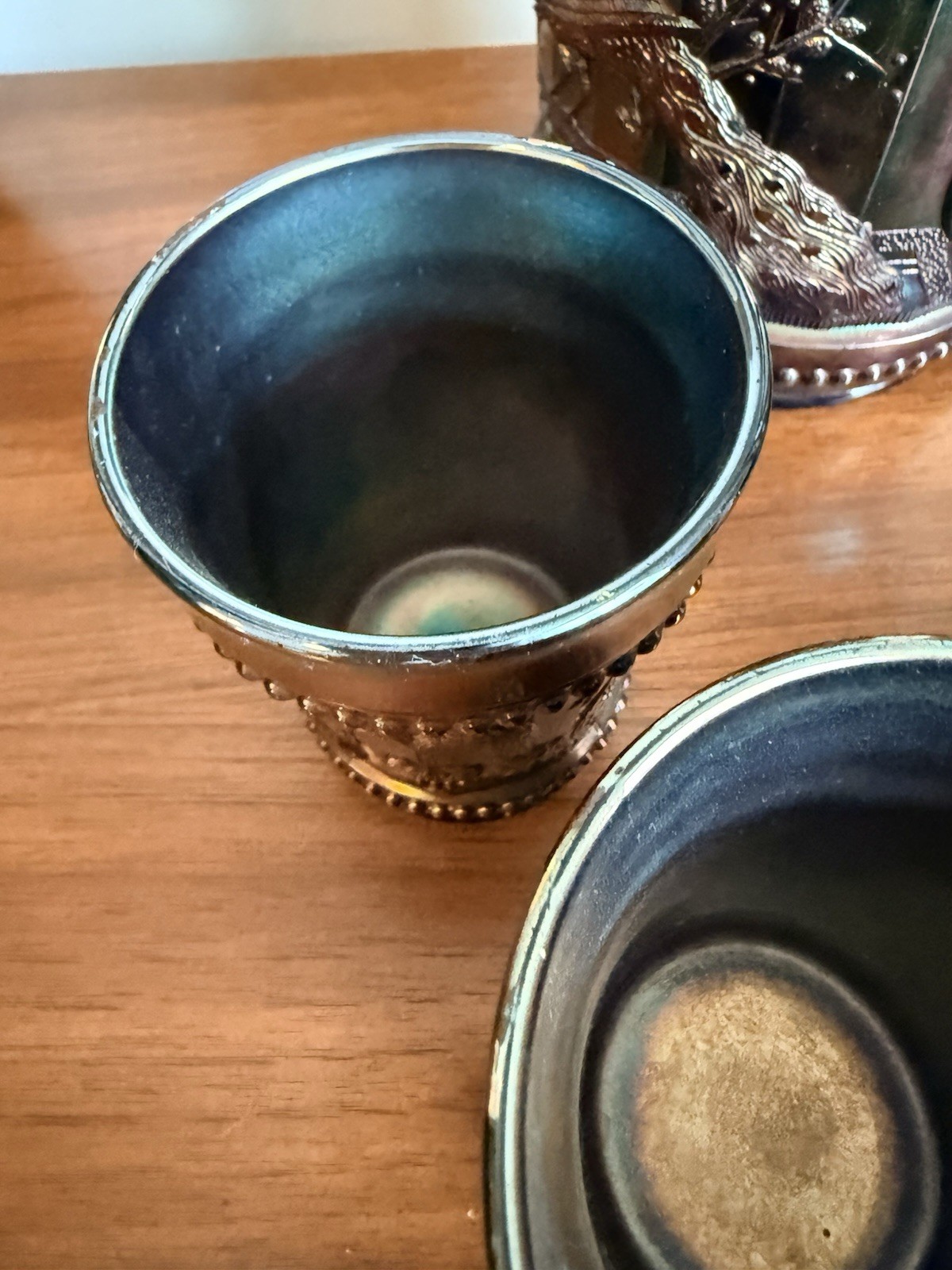 Antique Northwood Carnival Glass Peacock At The Fountain Pitcher & Tumblers Set