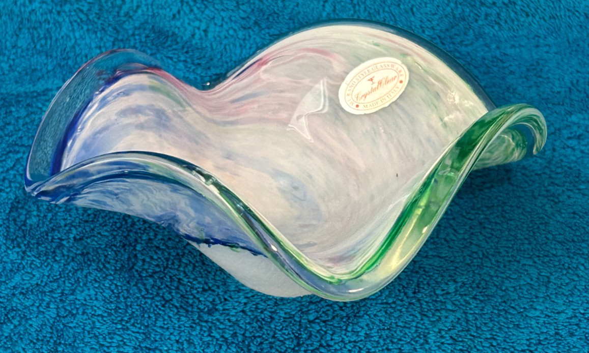 Vintage Murano Style Glassware Multicolor 7″ Bowl Green Blue Red Swirl