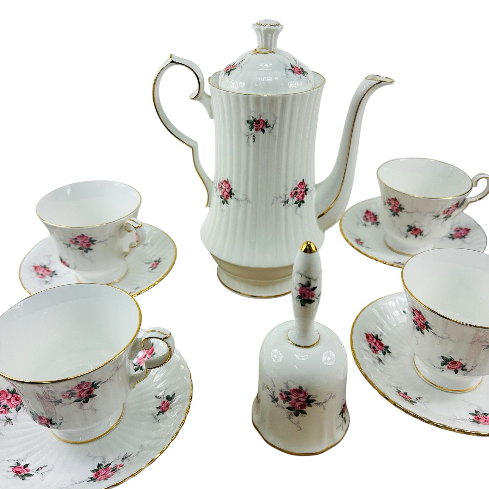 Princess Hammrsley Fine Bone China Tea Pot Creamer Sugar 4 Teacups Suacers Bell