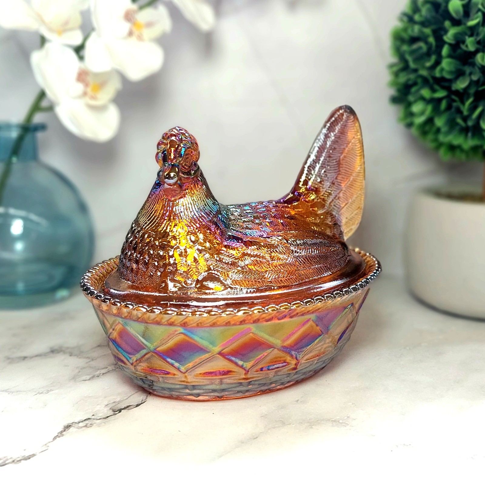 Golden Amber Carnival Glass Hen on Nest Chicken Candy Dish, Depression Style
