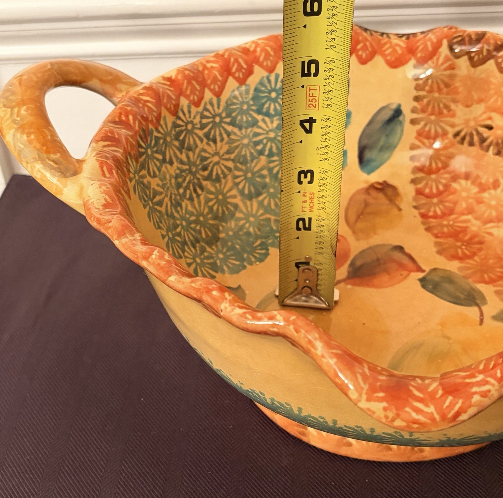 Vintage Italian Hand Painted Majolica Centerpiece Fruit Bowl Double Handle 14”