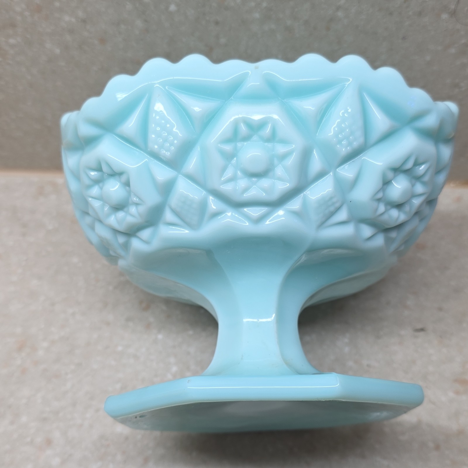 Blue Milk Glass Quilted Square Pedestal Compote Bowl Glossy Decorative