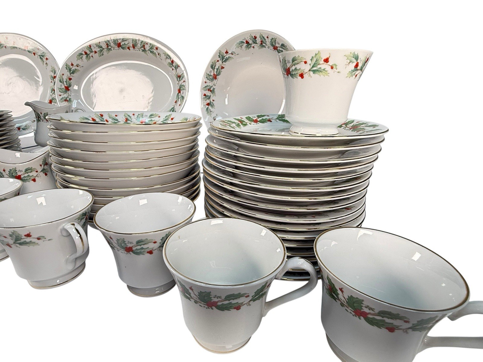 82pc China Pearl NOEL Christmas Dinnerware Set Service for 16 Muted Black Stamp