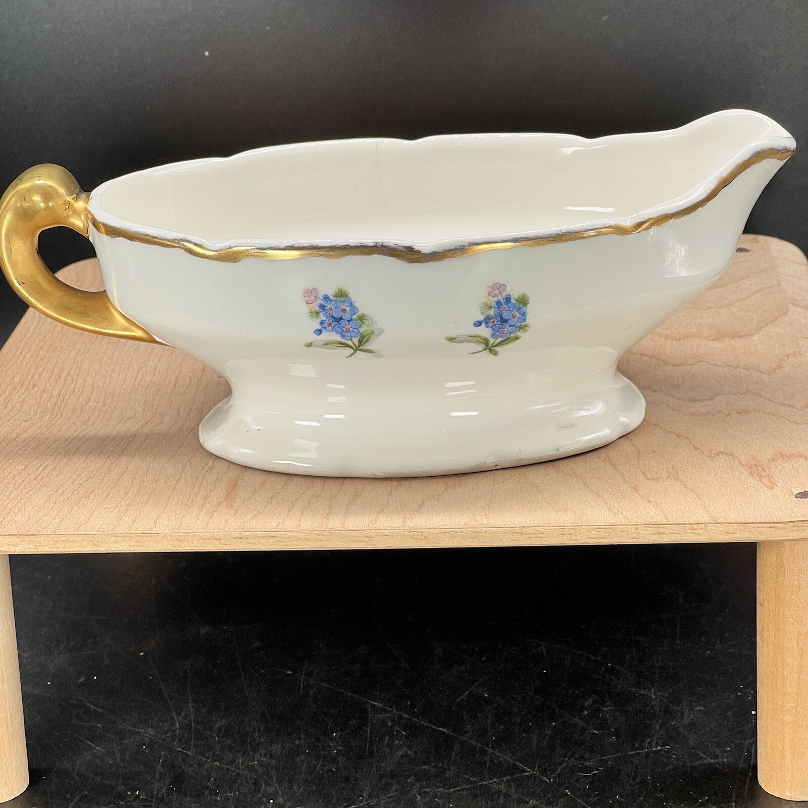 Gravy Boat Gold Trim & Handle Forget Me Nots Floral Vtg Gold Trim Signed F.W.