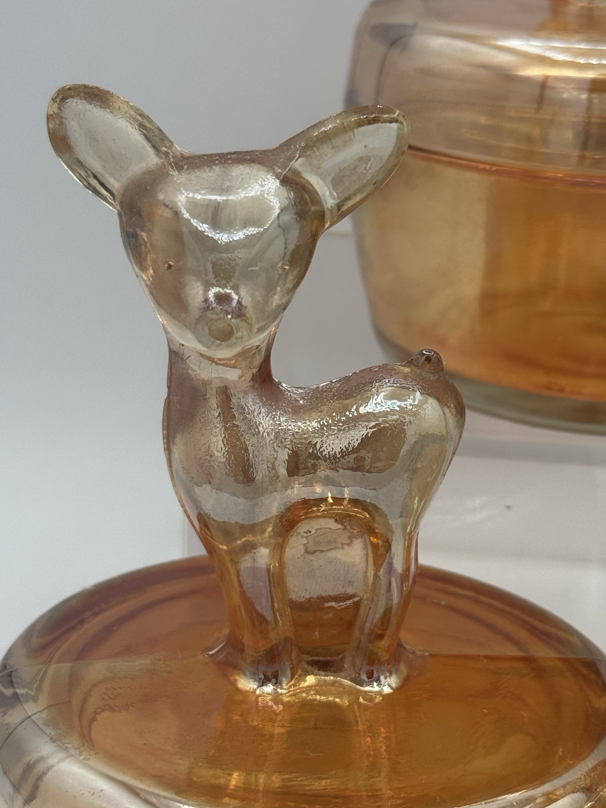 Vtg Jeannette Marigold Carnival Glass Powder Jar Set – Poodle/Deer/Terrier Lids