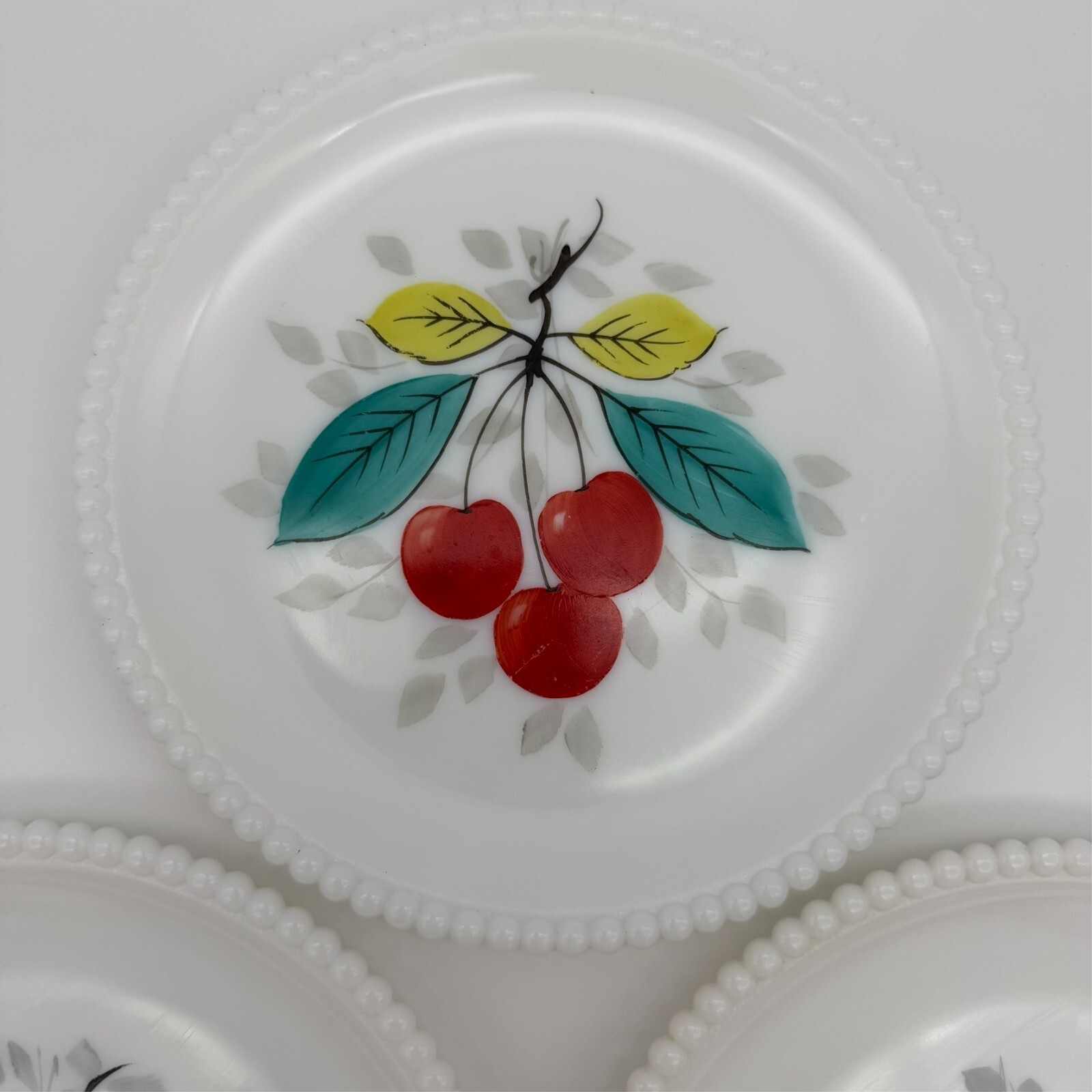 Set of 3 Westmoreland Milk Glass Fruit Plates 7.5″ Beaded Edge Vintage MCM