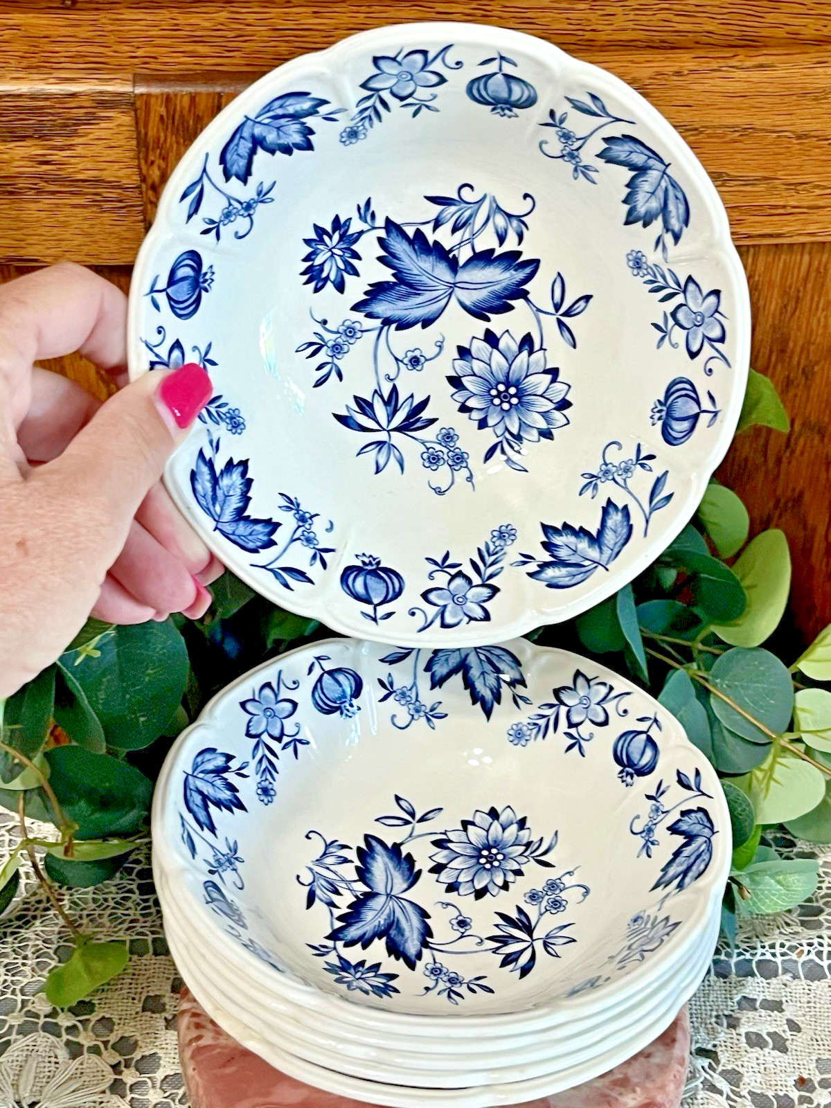 VTG Johnson Bros. England Windsor Ware Malvern Blue Coupe Cereal Bowl Set of (6)