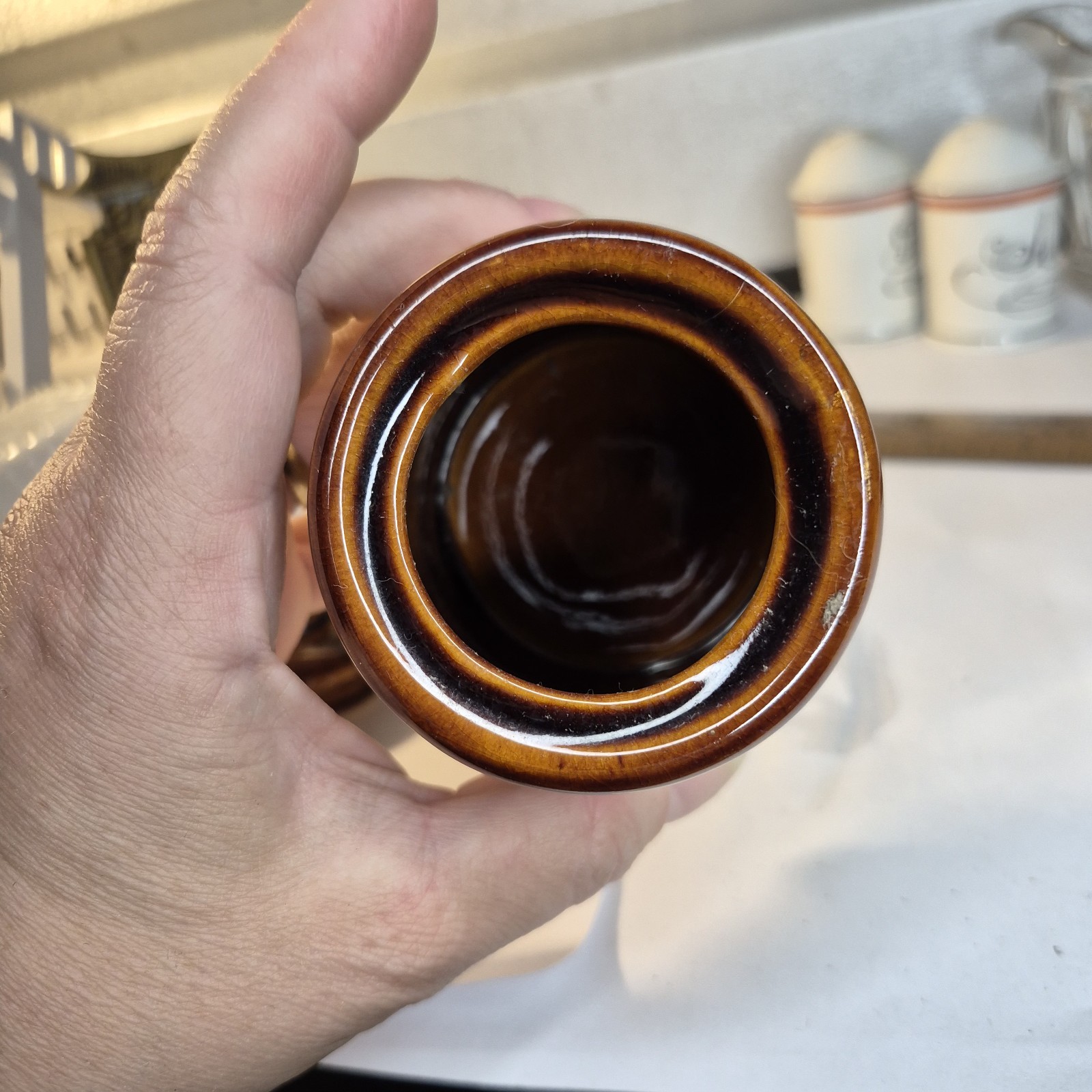 Vtg Brown Drip Glaze Stoneware Lidded Jar Small Crock Sugar Bowl Farmhouse BX01