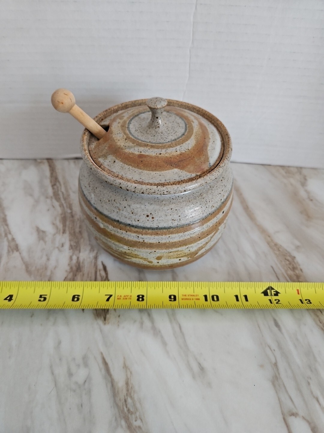 Honey Pot Studio Art Pottery Shades Of Blue & Tan with Lid And Dipper Signed