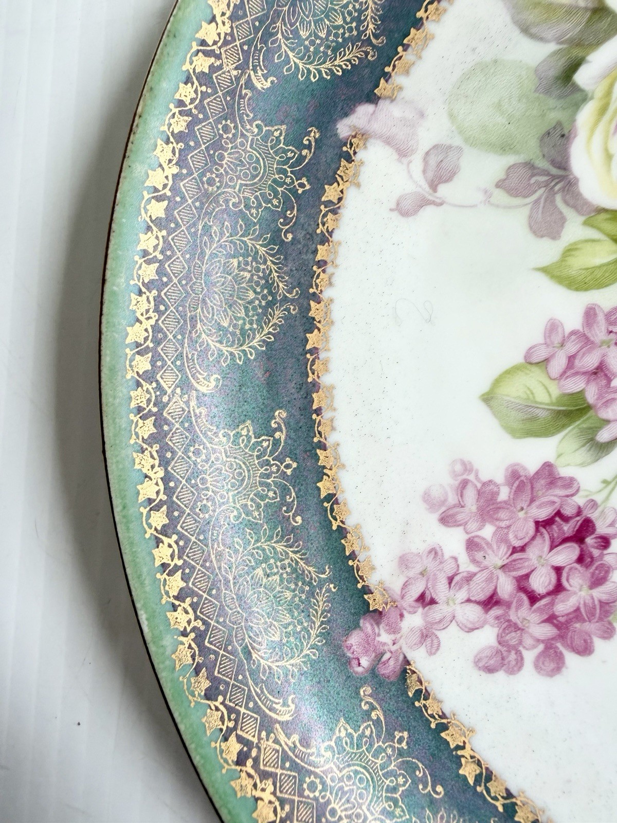 Vintage MC CO Painted Plate Roses w/Dark Green & Gold Border, Signed Raymond