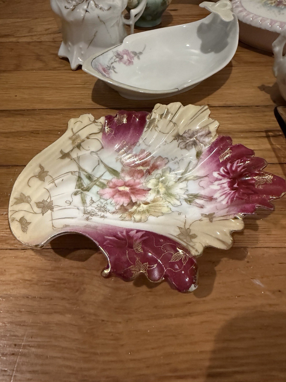 Lot of Porcelain Dishes, Floral Leaf-Shaped, Glass Decorative White, Pink, Green