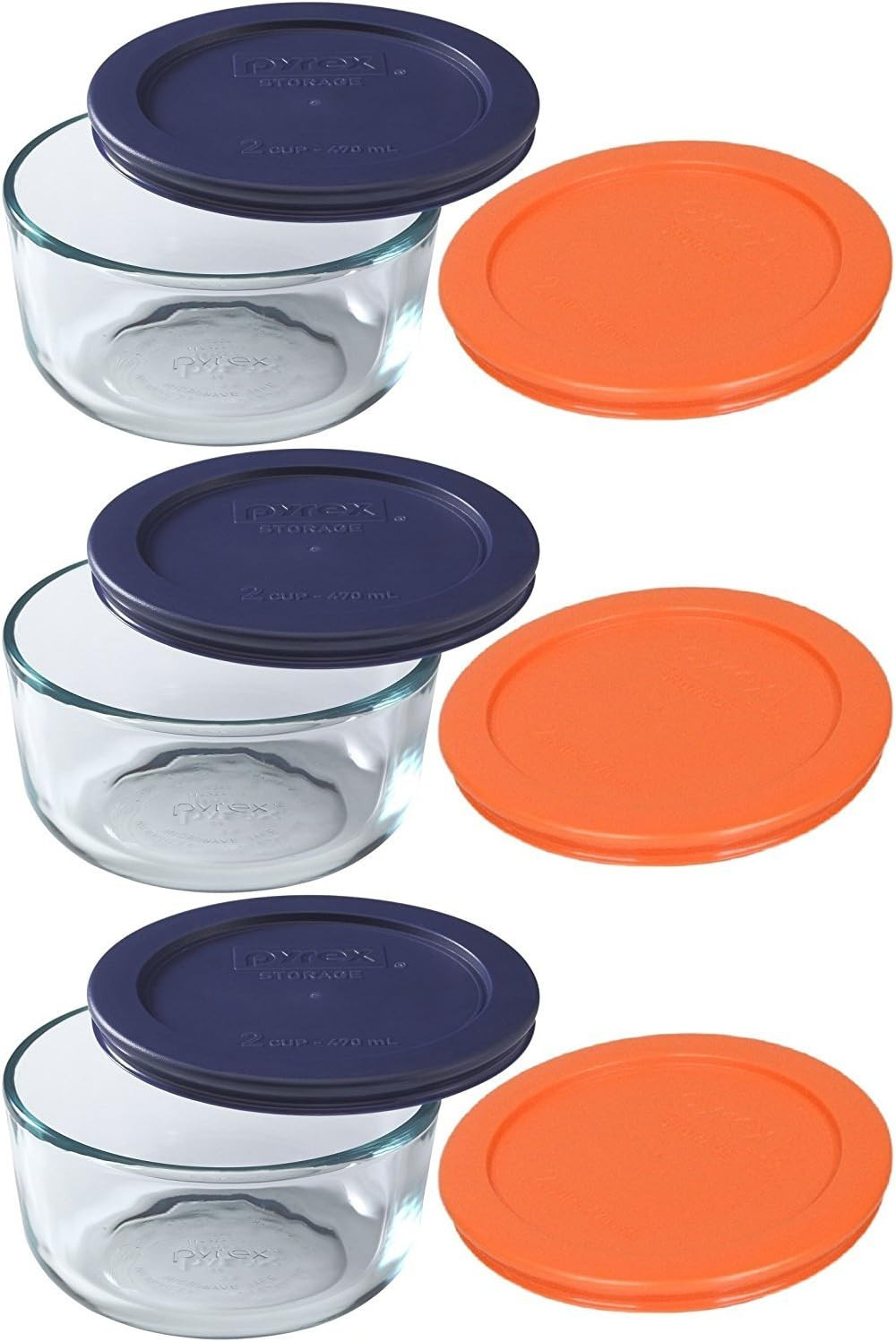 (3) 7200 2-Cup Glass Bowls with (3) 7200-PC Dark Blue & (3) Orange Food Storage