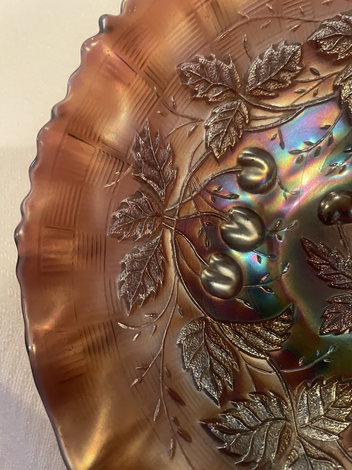 Northwood Carnival Glass Opalescent Fruit And Leaves Blue Brown Green 8.5”