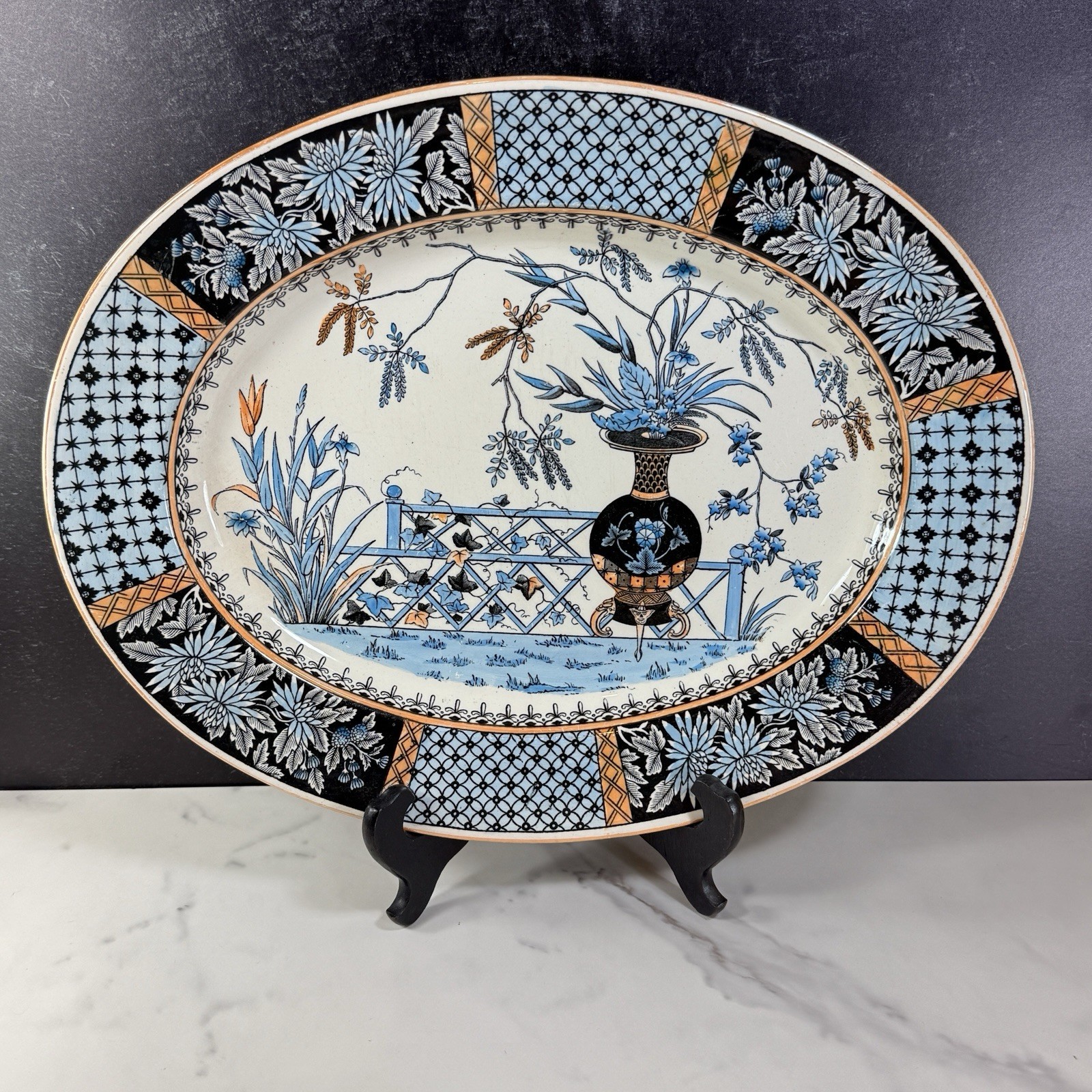 Antique Copeland Spode Transferware KEW Oval Platter 15″ Aesthetic Movement Blue