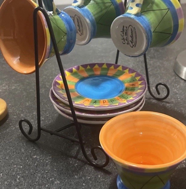 Certified International Ceramic Geometric Multicolor Cup & Saucer Set with Stand