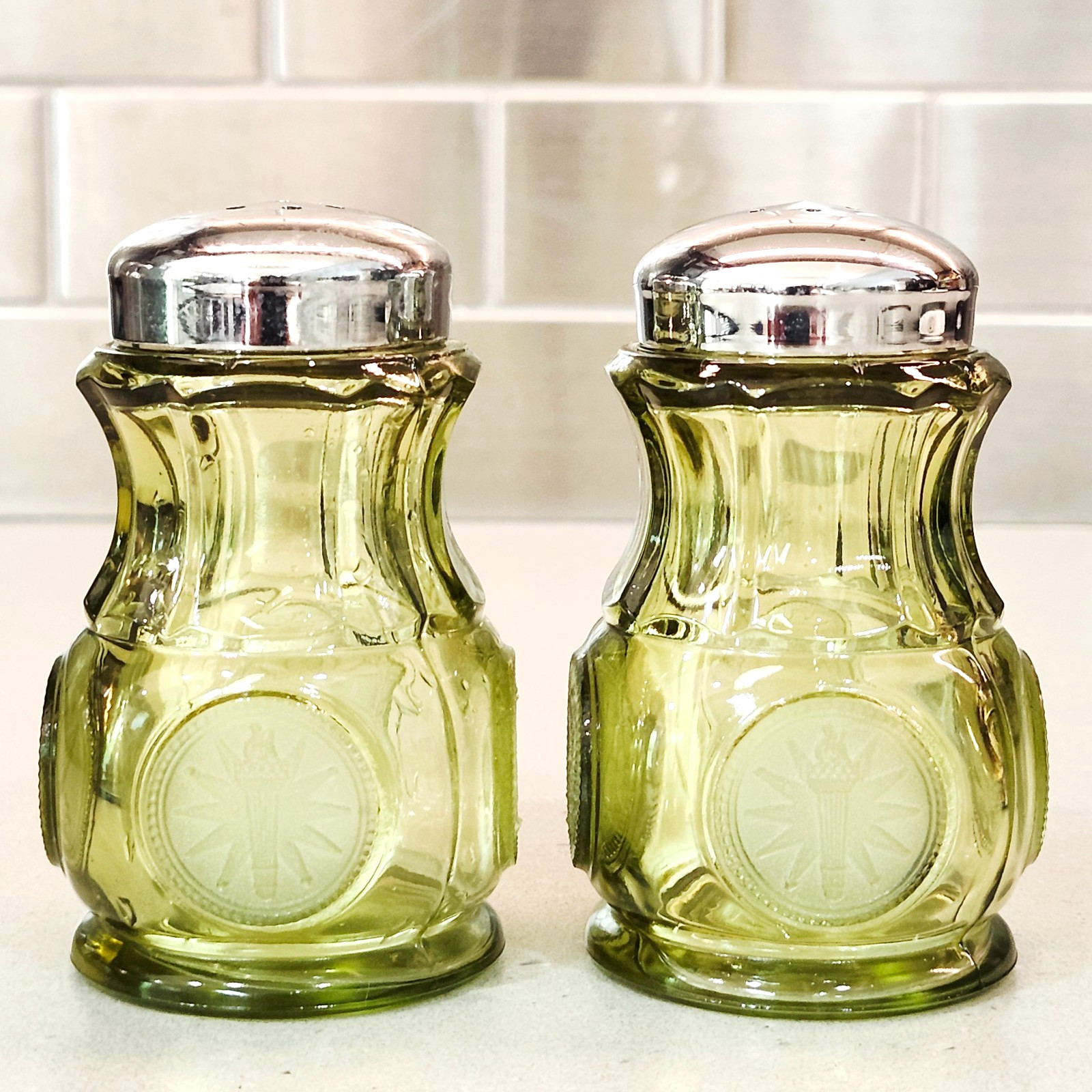 Vintage Fostoria Olive Green Glass Coin 3” Tall Salt & Pepper Shakers