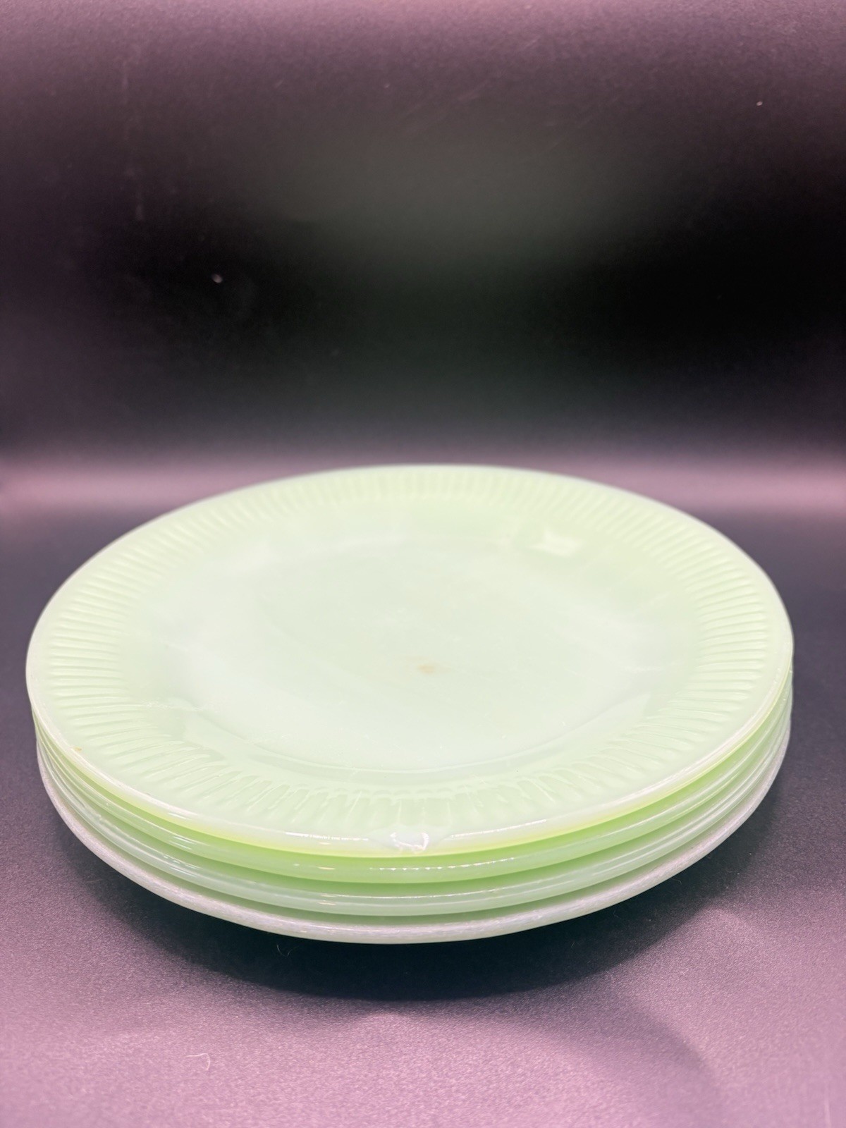 4 Fire King Jadeite Jane Ray Salad Plates 8” Mixed Marks 1 Chipped Vintage