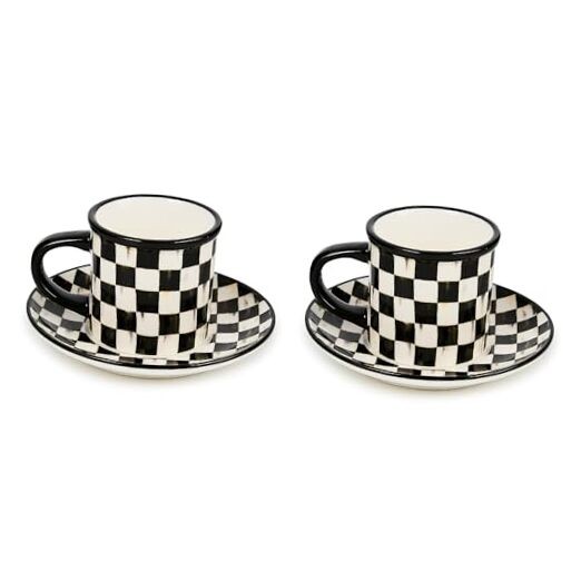 MACKENZIE-CHILDS Set of 2 Stoneware Espresso Cup and Saucer, Cute Courtly Check
