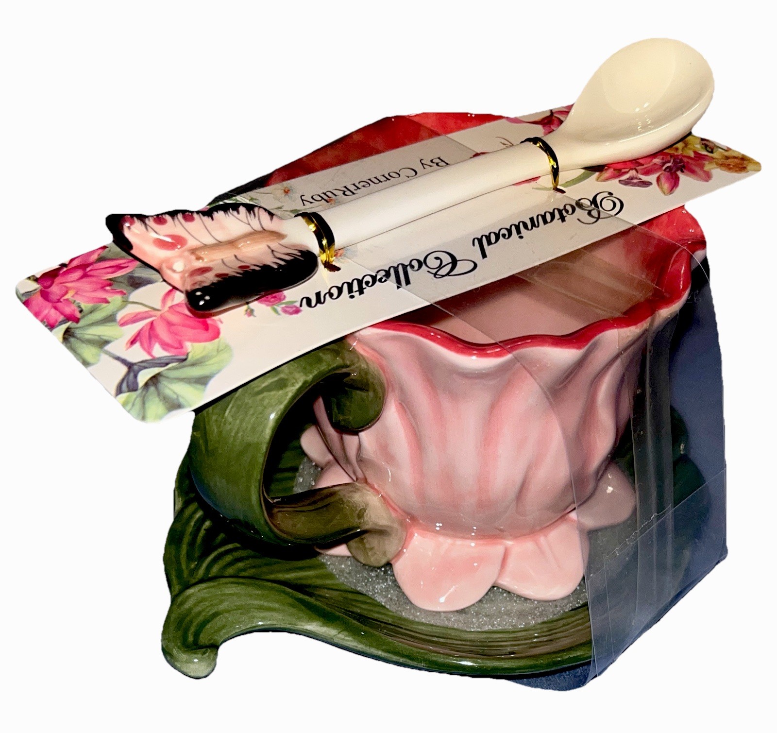 Botanical Collection Corner Ruby Flower Tea Cup Leaf Saucer Butterfly Spoon