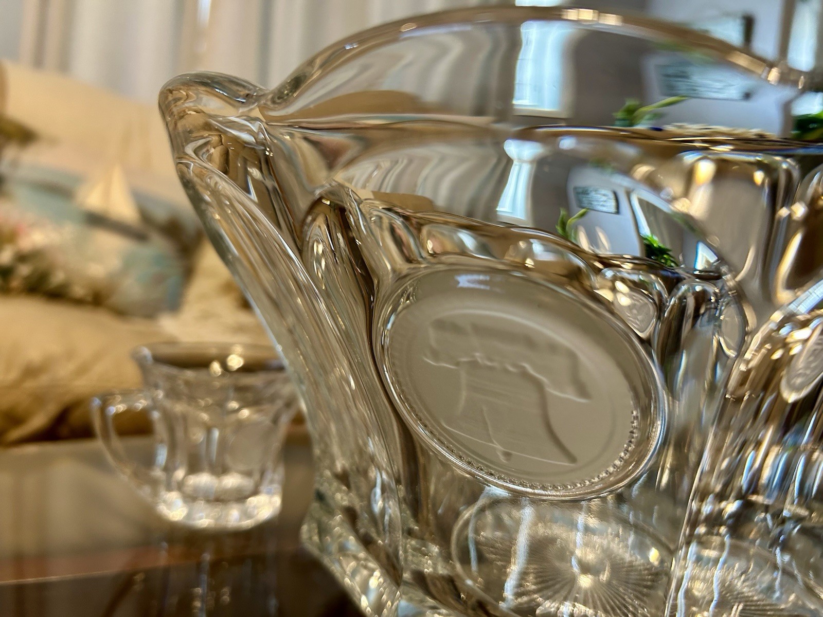 Vintage Fostoria Coin Clear Glass Punch Bowl Set – 14.5” Bowl With 3 Cups Mugs