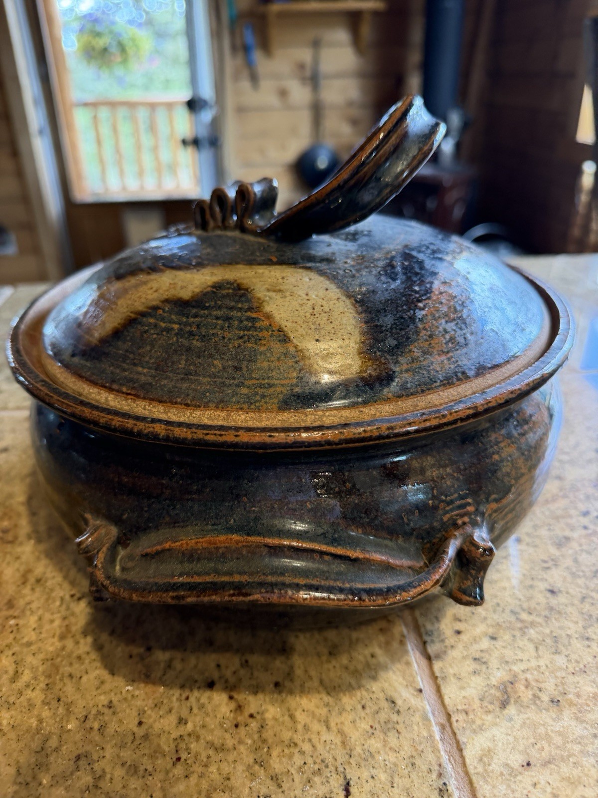 Handmade Pottery Stoneware Round Lidded Casserole w/ Handles Brown Blue
