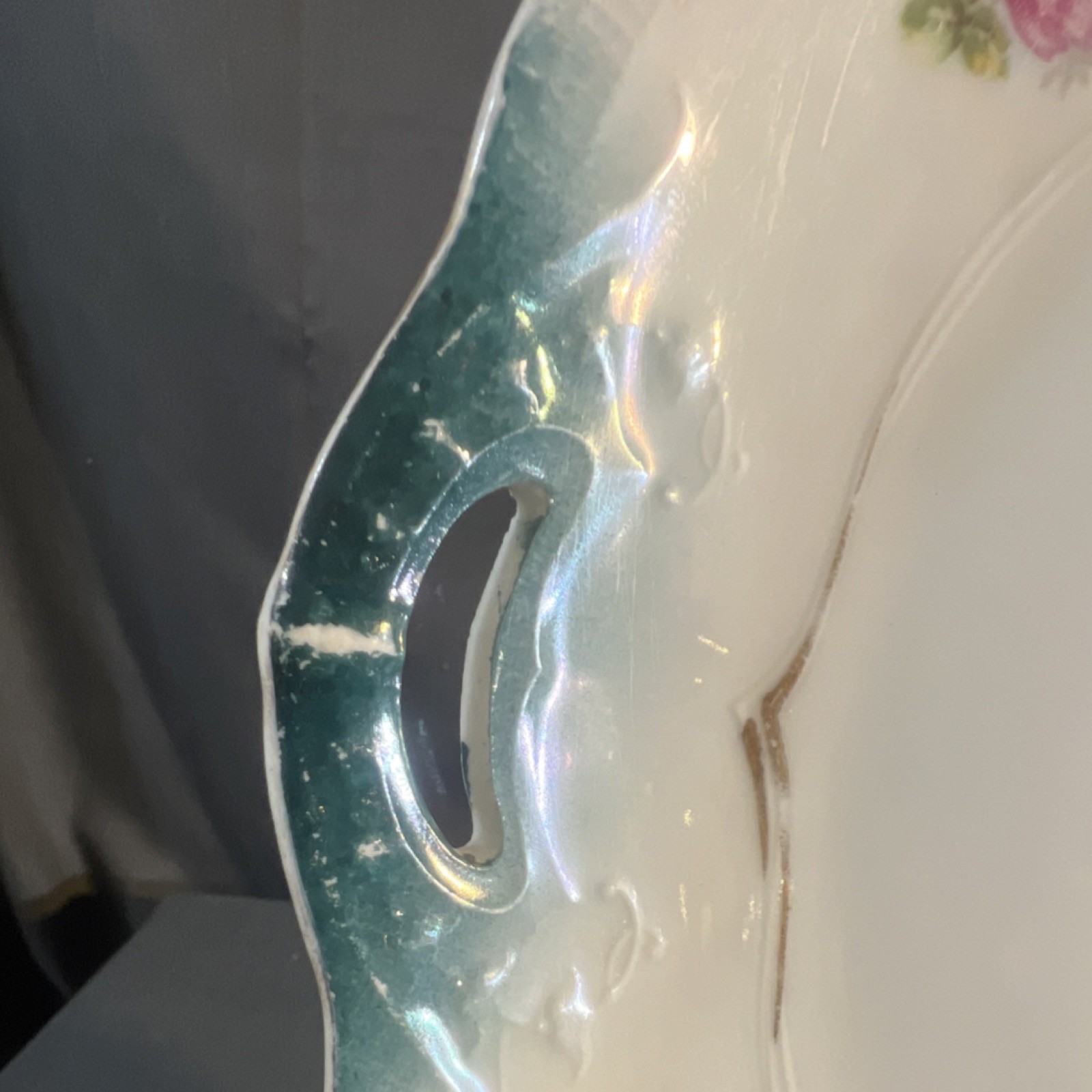 Floral Round Handled Ceramic Platter Blue Rim Glossy Art Pottery MPN 52