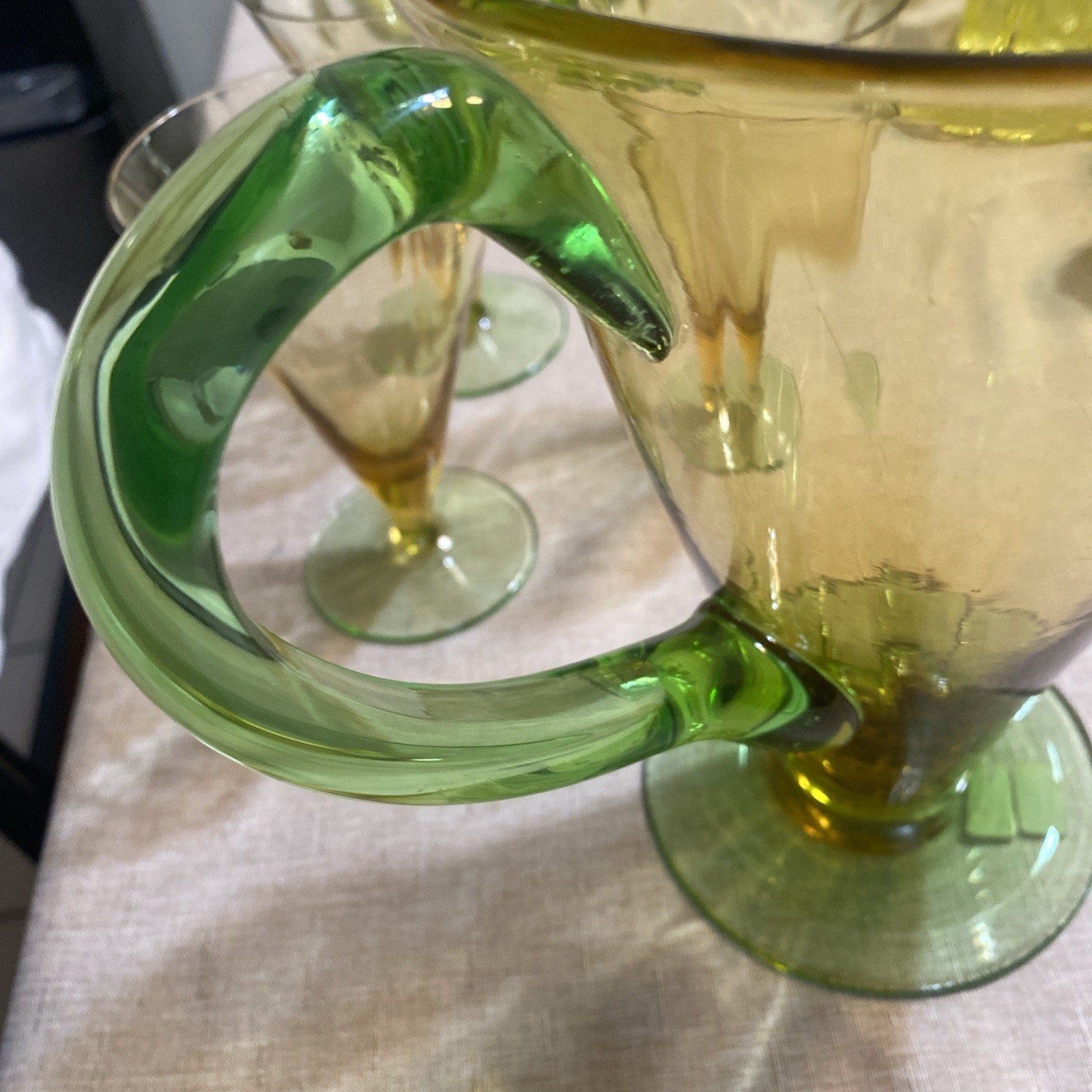 Antique Steuben & Carder Pitcher & 3 Glasses, Topaz Amber & Pomona Green Uranium