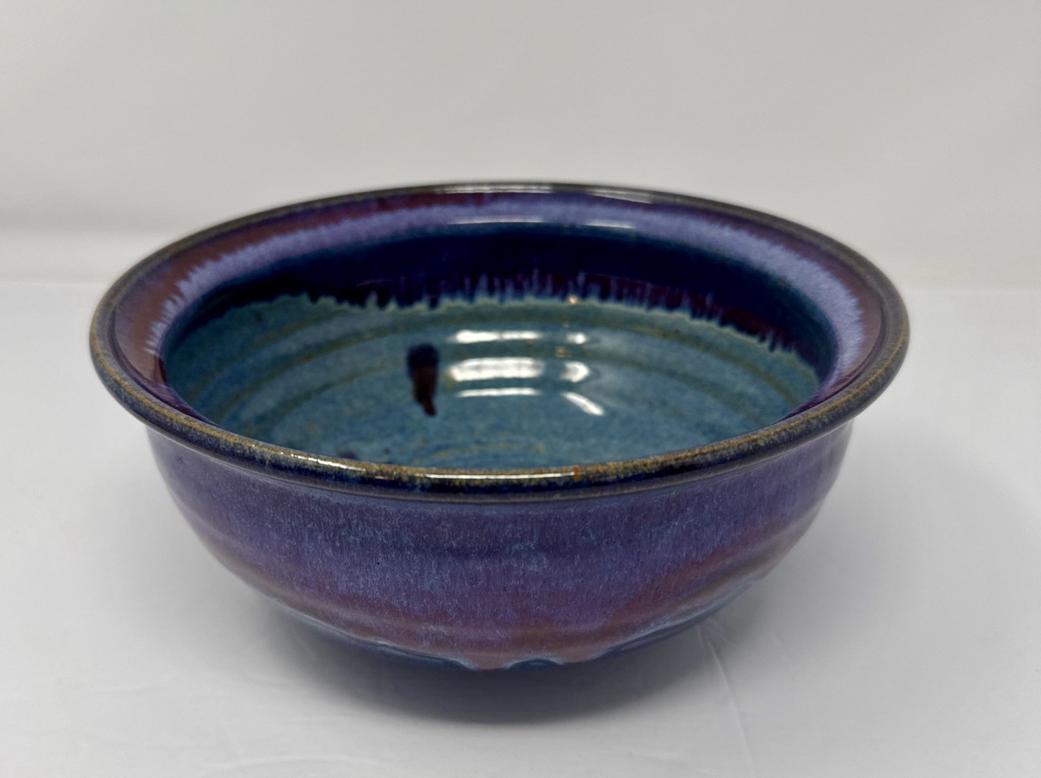 Vintage Studio Pottery Bowl Blue Purple Drip Glaze Handmade Ceramic Signed 7.75”
