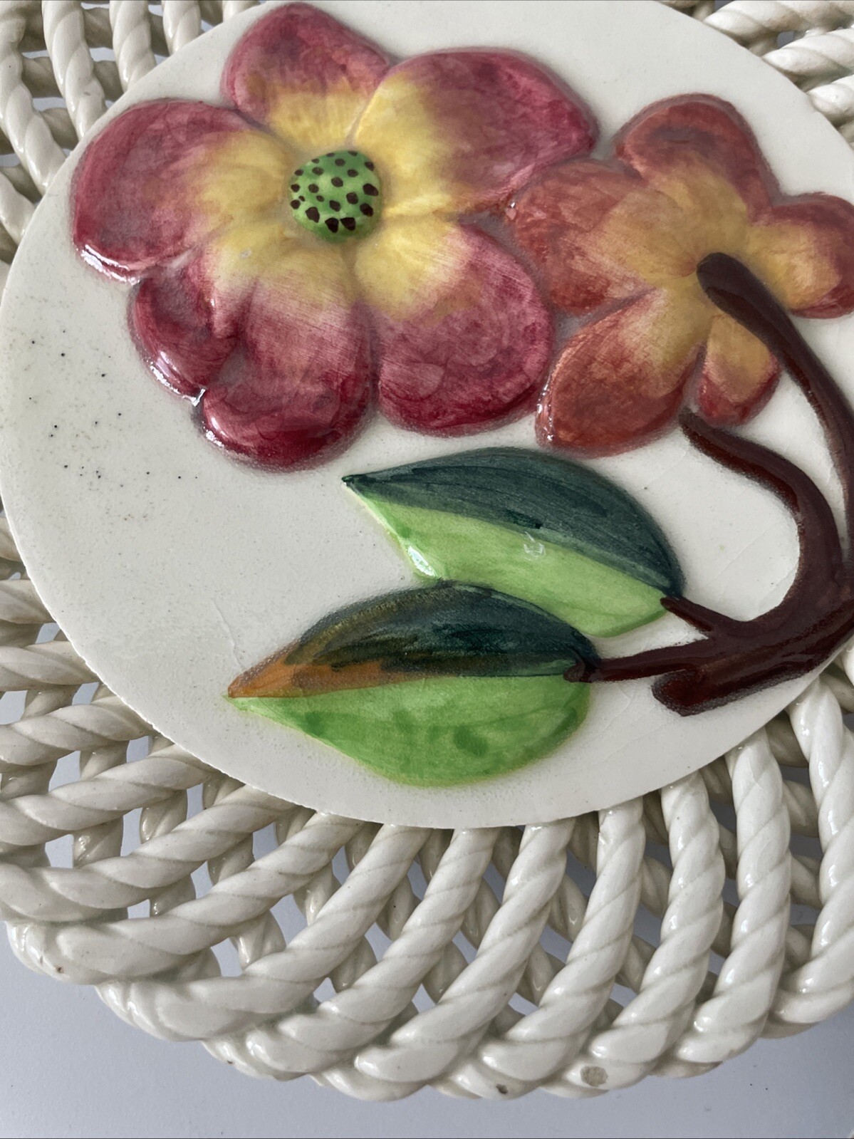 Ceramic Spain Wall Plates Spanish Art 3D Fruit Flowers Lattice Painted Set of 3