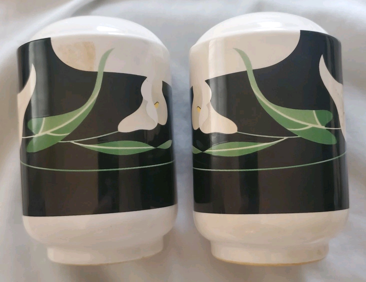 Sango Black Lilies Quadrille Covered Butter Salt Pepper Set 1984-1994 Scarce Lot