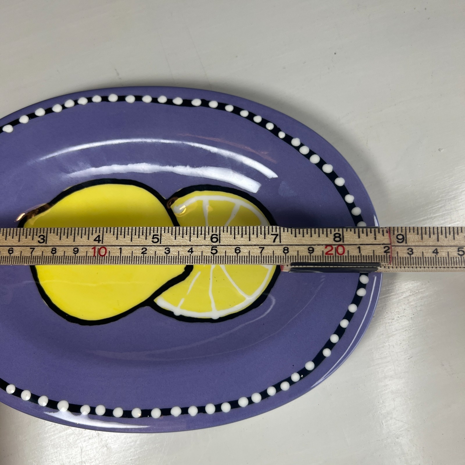 Berryware Lemon Oval Serving Plate 9” Purple Polka Dot Black White USA