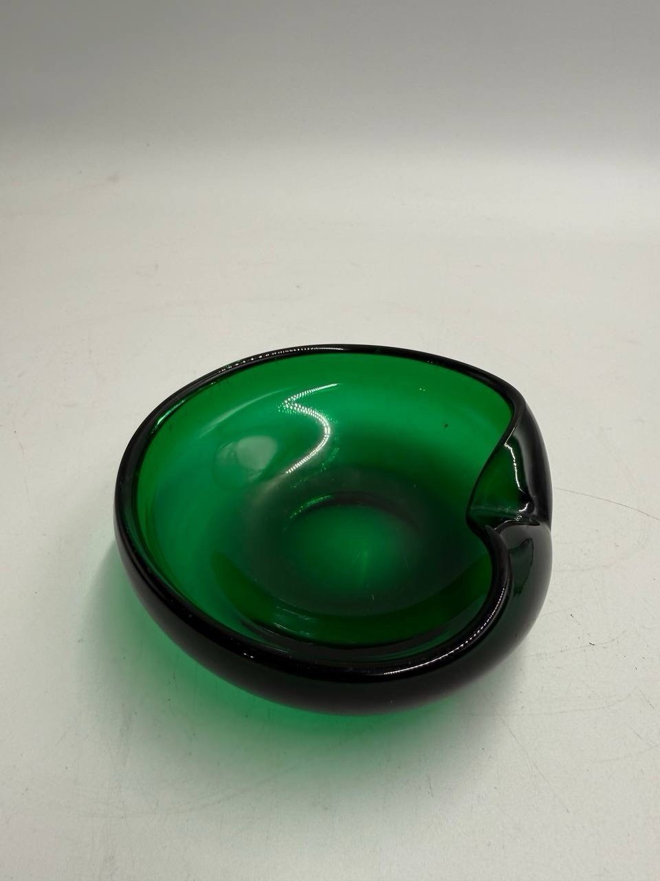 Vintage Green Art Glass Bowl Heavy Thick Glass Asymmetrical Notch MCM