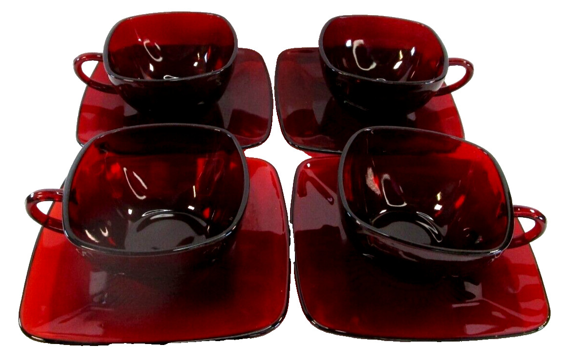 Anchor Hocking Royal Ruby Red Charm 4 Coffee Tea Cups W 4 Saucers 1950-1959 6 oz