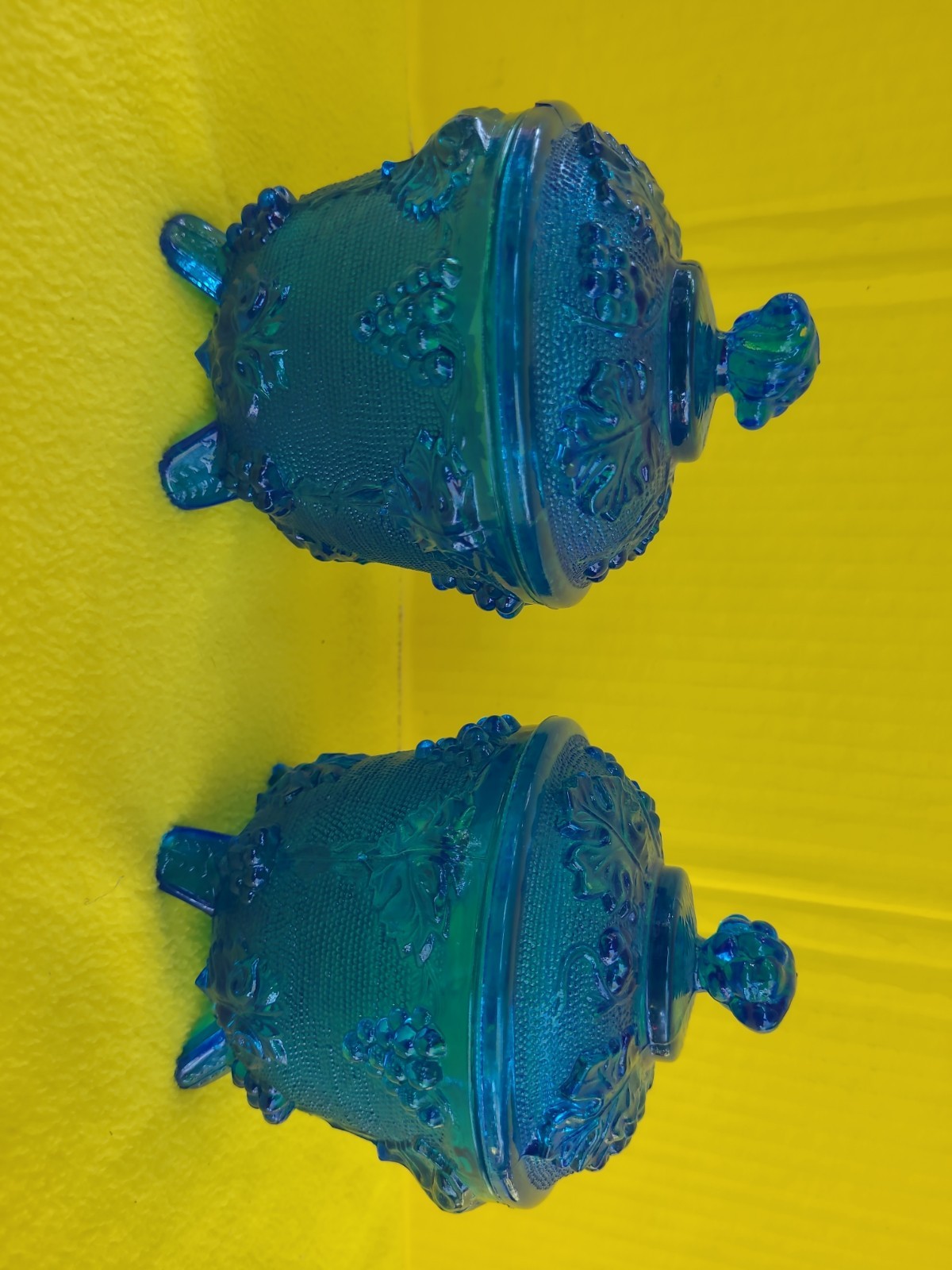 2 VTG 1950s Jeanette Glass Footed Covered Cobalt Blue Candy Dish Grape Leaf MCM