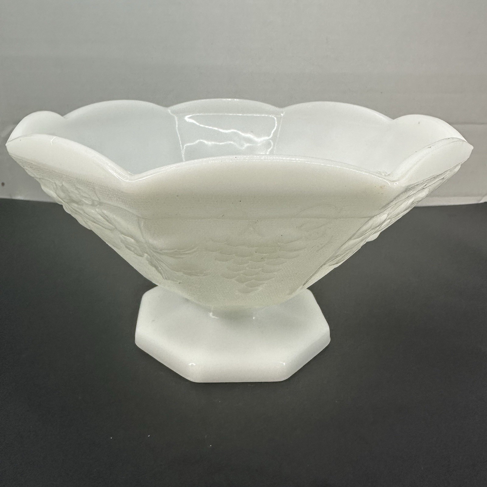 Milk Glass Grapes and Leaves Footed Pedestal Fruit Bowl Octagon 9″
