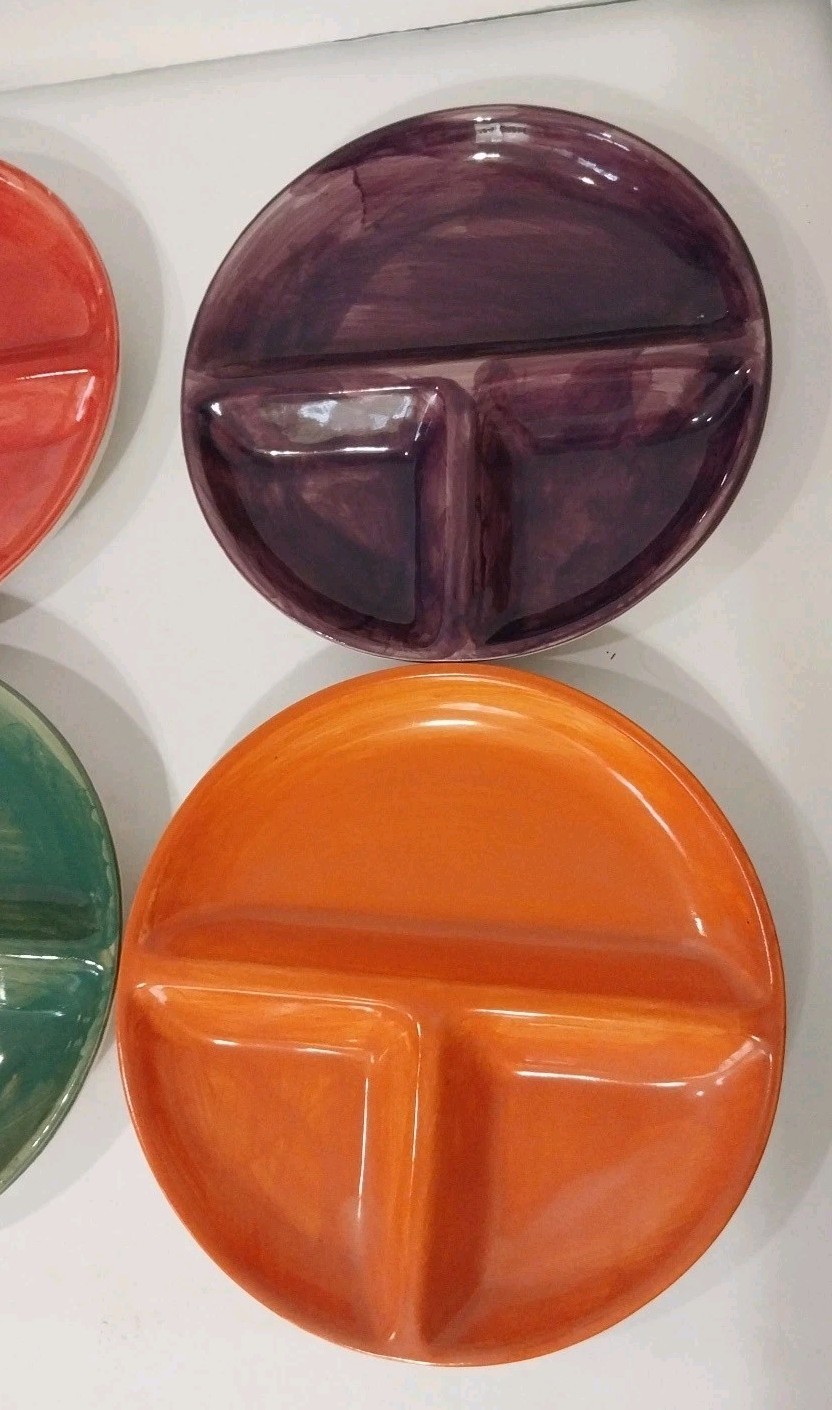 Vintage 6 Plates Ceramic Kitchen Prep Or Childrens 7 5/8″ Divided Pottery Plates