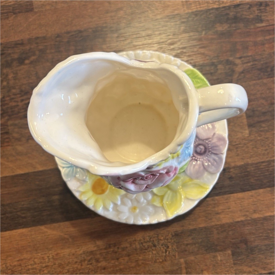 Vintage Relpo Spring Flowers Pitcher and Saucer 6453 Majolica Style Mini Pitcher