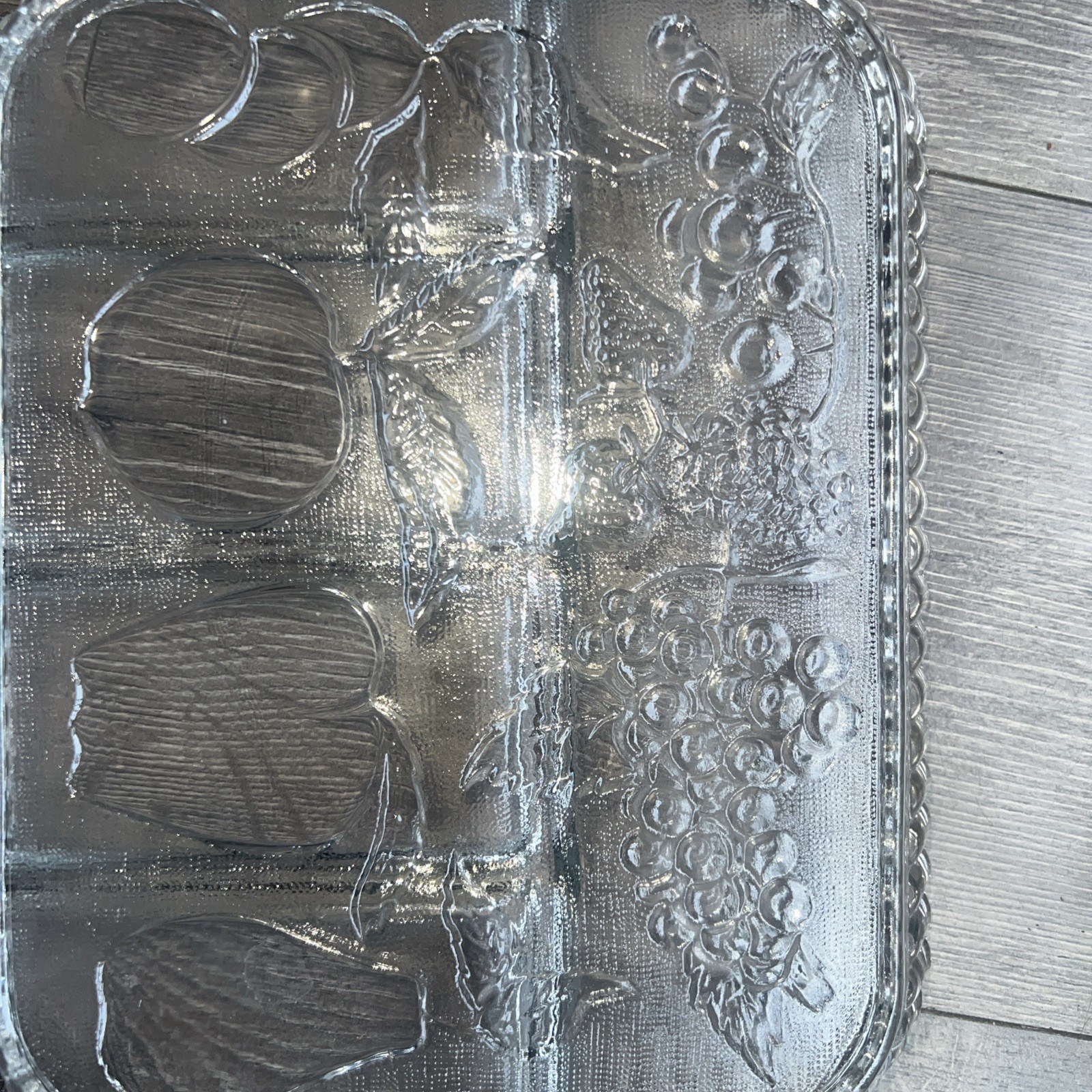 ndiana Glass Clear Crystal Rectangular Divided Relish Platter w/ Fruit Pattern