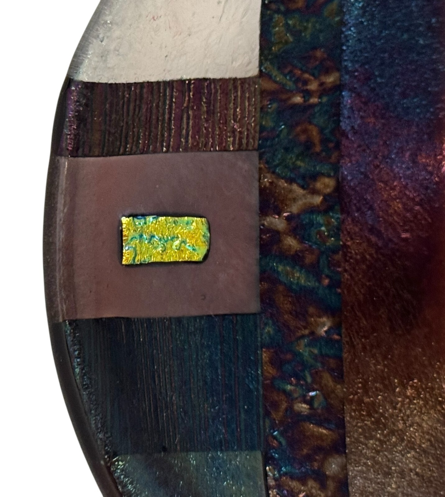 Geometric Textrd Dichroic Iridescent Fused Glass Plate Signed 7.5” Brn/Clear/Blk
