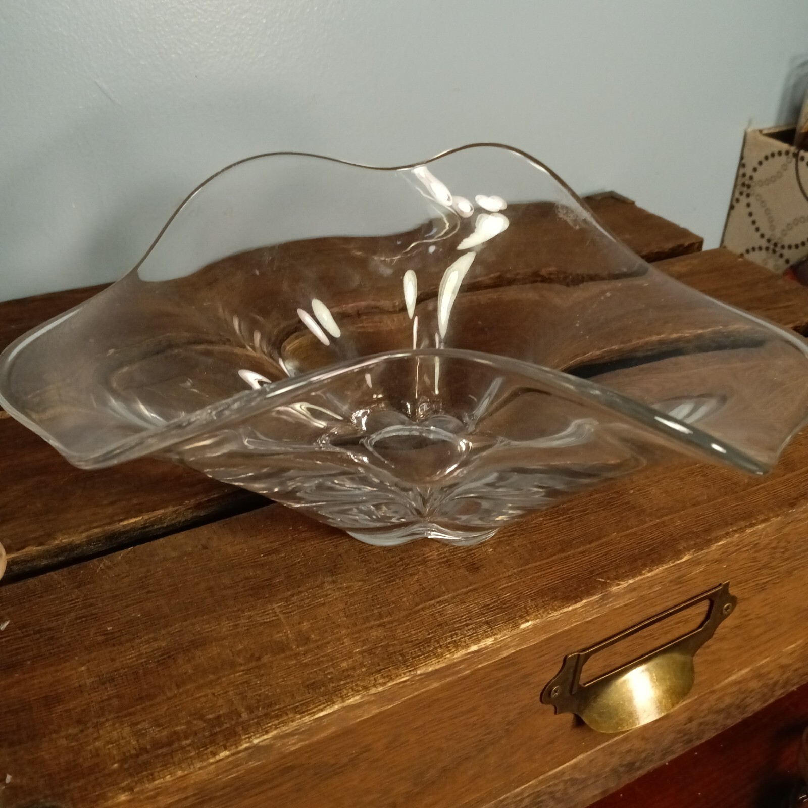 Vintage Clear Glass Flower Shaped Bowl, Pinched Sides, Art Bowl, Ruffled