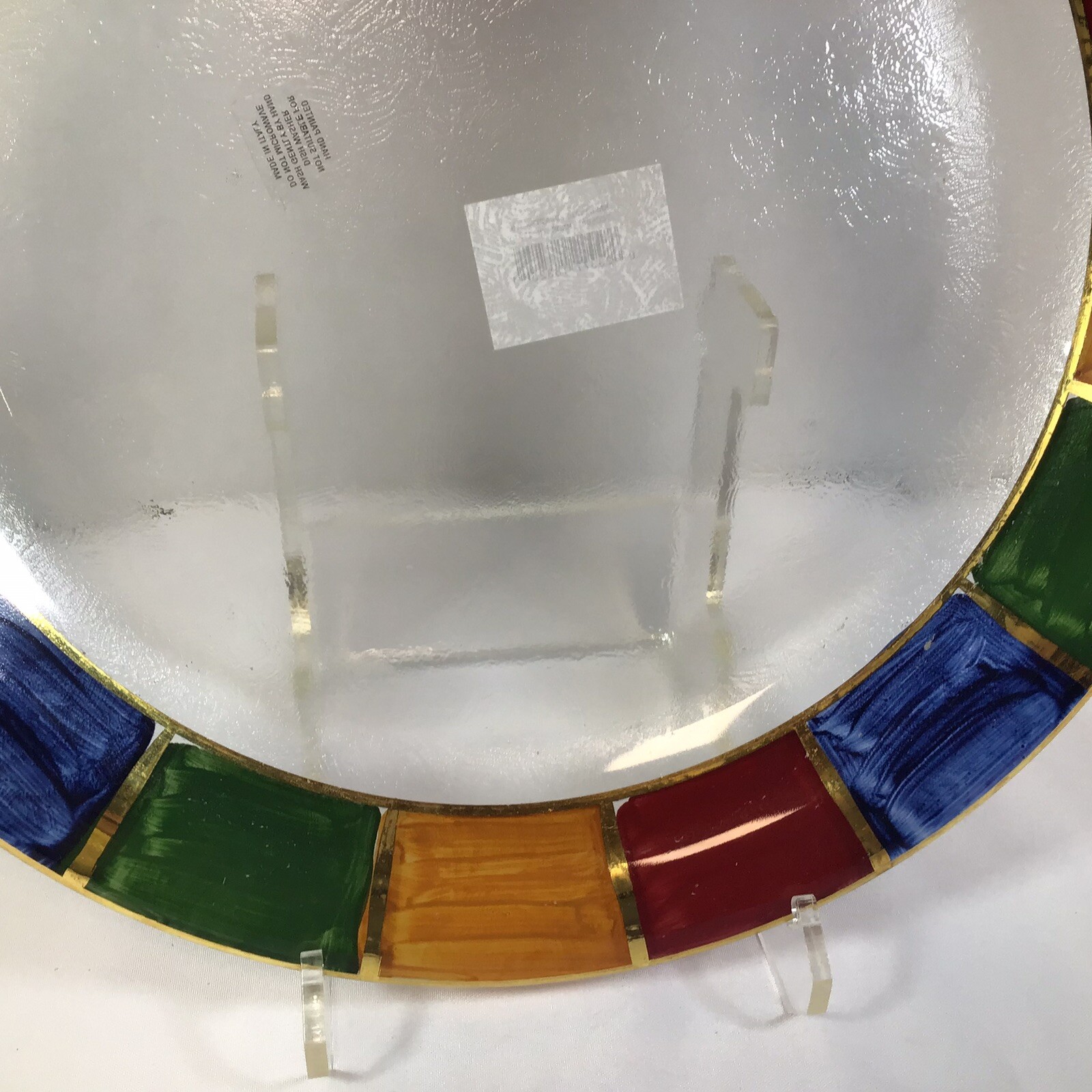 Italian Glass Round Serving Platter Low Bowl Hand Painted Geometric Edges 15”