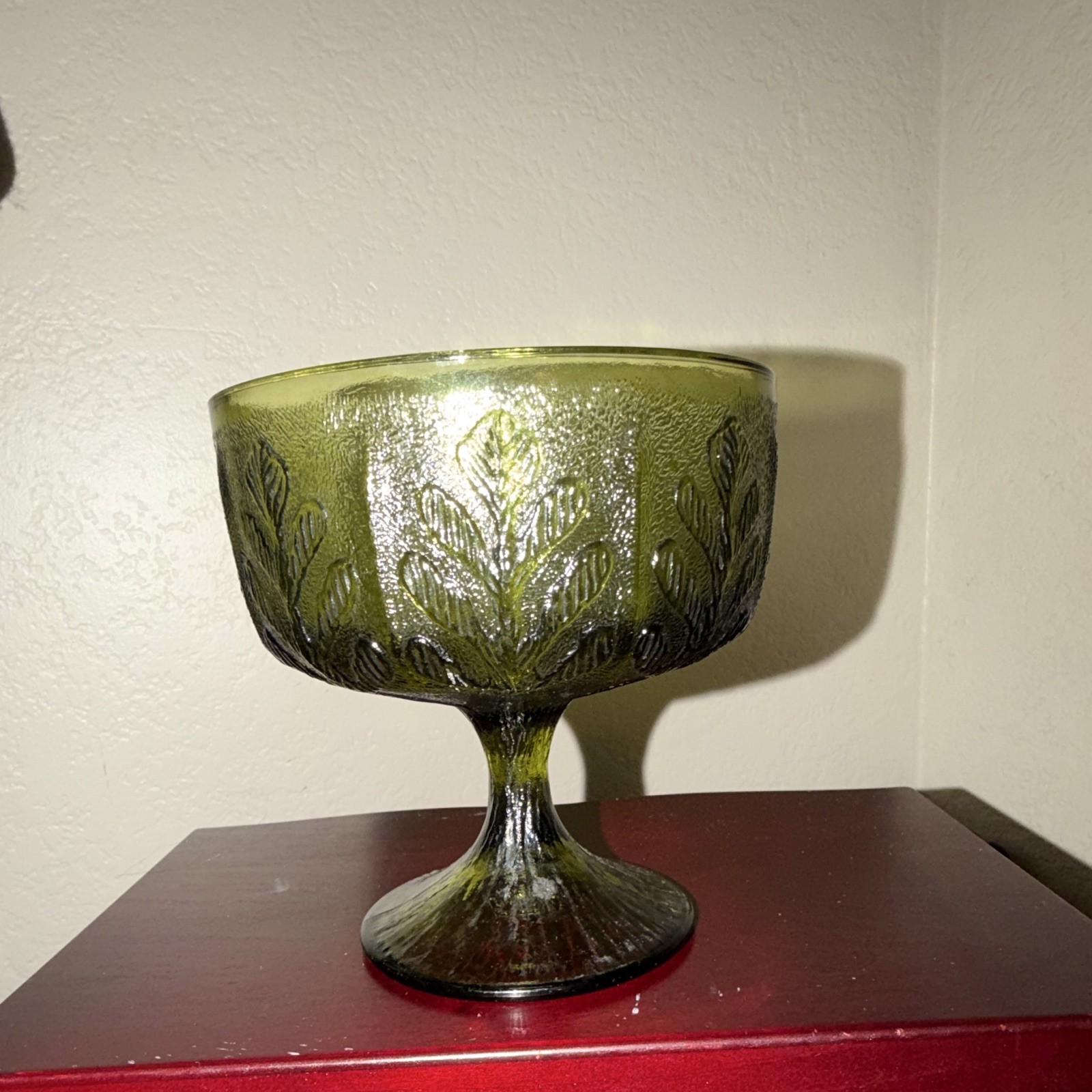 Vintage 1978 FTD Green Glass Compote Bowl Pedestal Dish Oak Leaf Embossed Retro