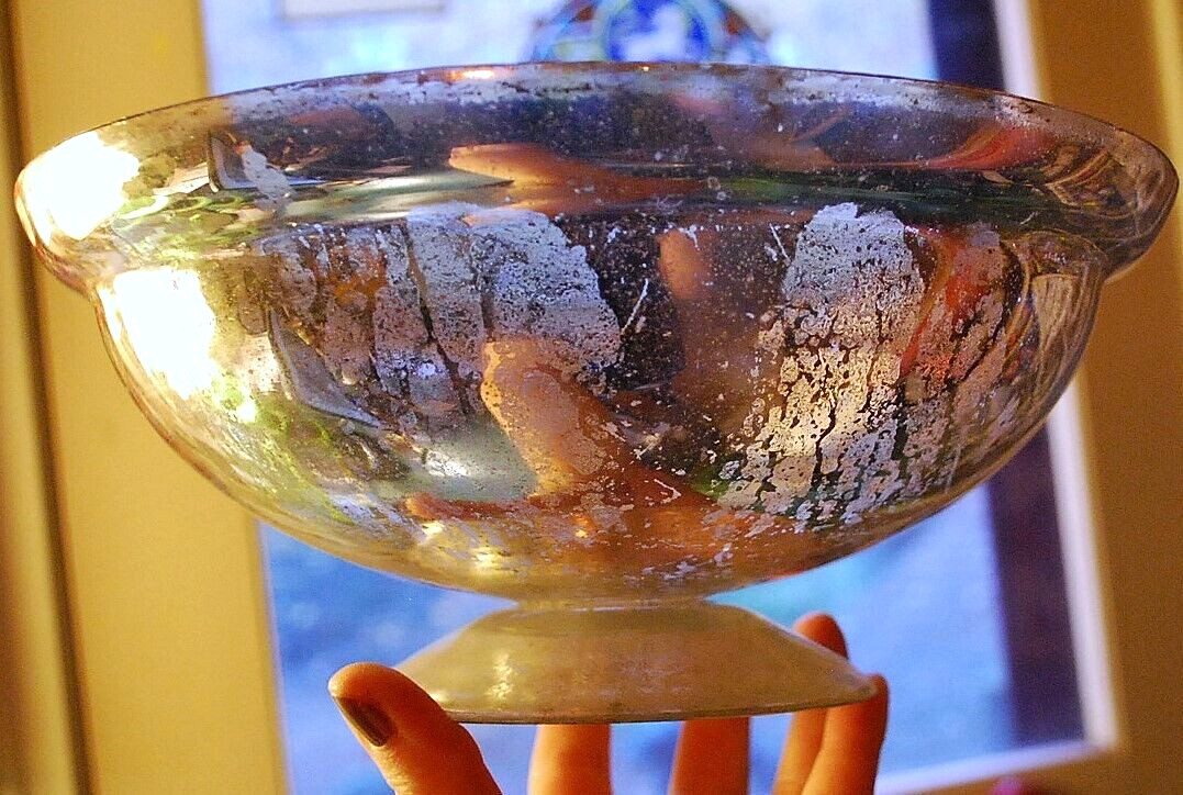 Antique Victorian SILVERED MERCURY GLASS BOWL Pedestal Base HAND BLOWN 9.25″