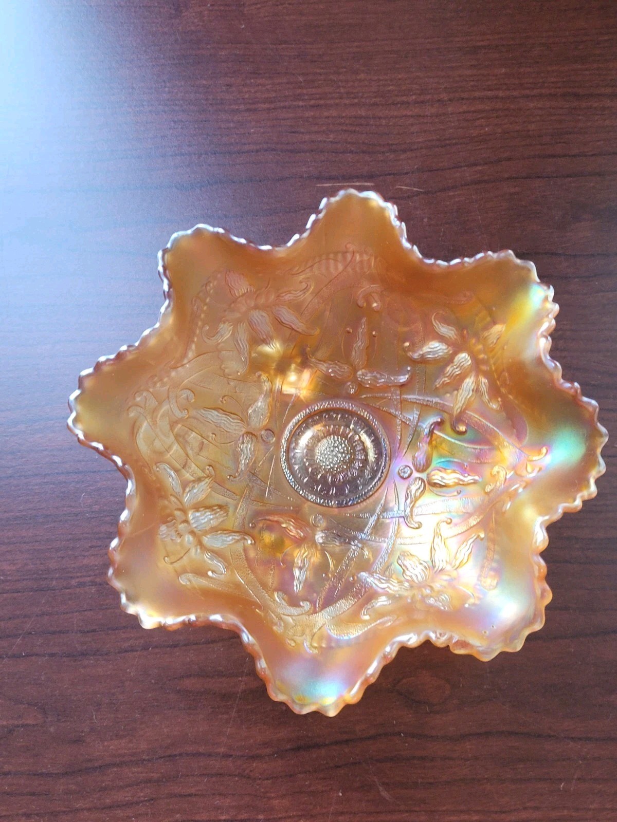 Pretty Marigold Northwood Carnival Glass Wishbone Bowl Ruffles n Rings EX.