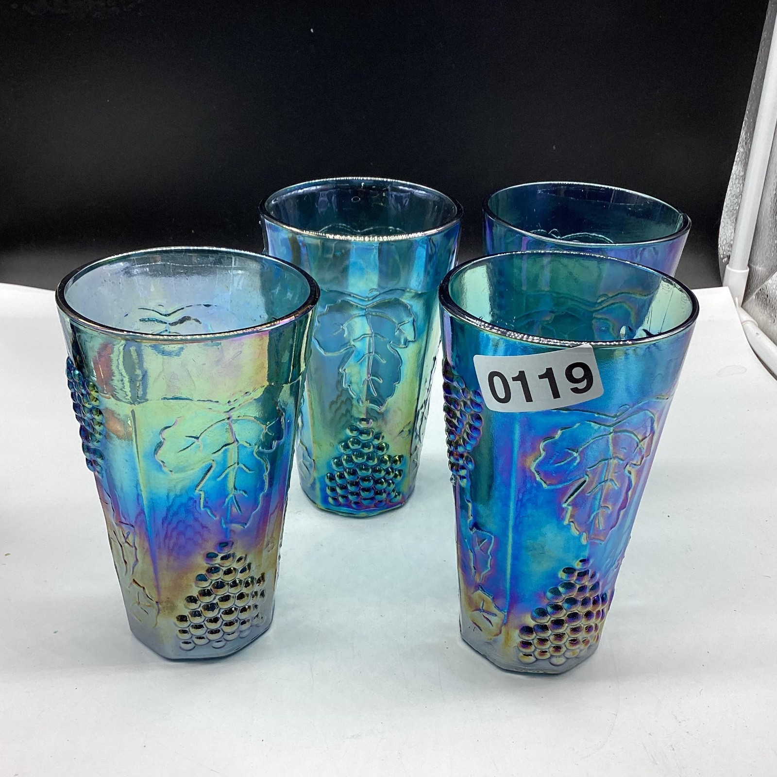Vintage Glass Blue Carnival Harvest Grape Pitcher & 4 Tumblers Iridescent 70s
