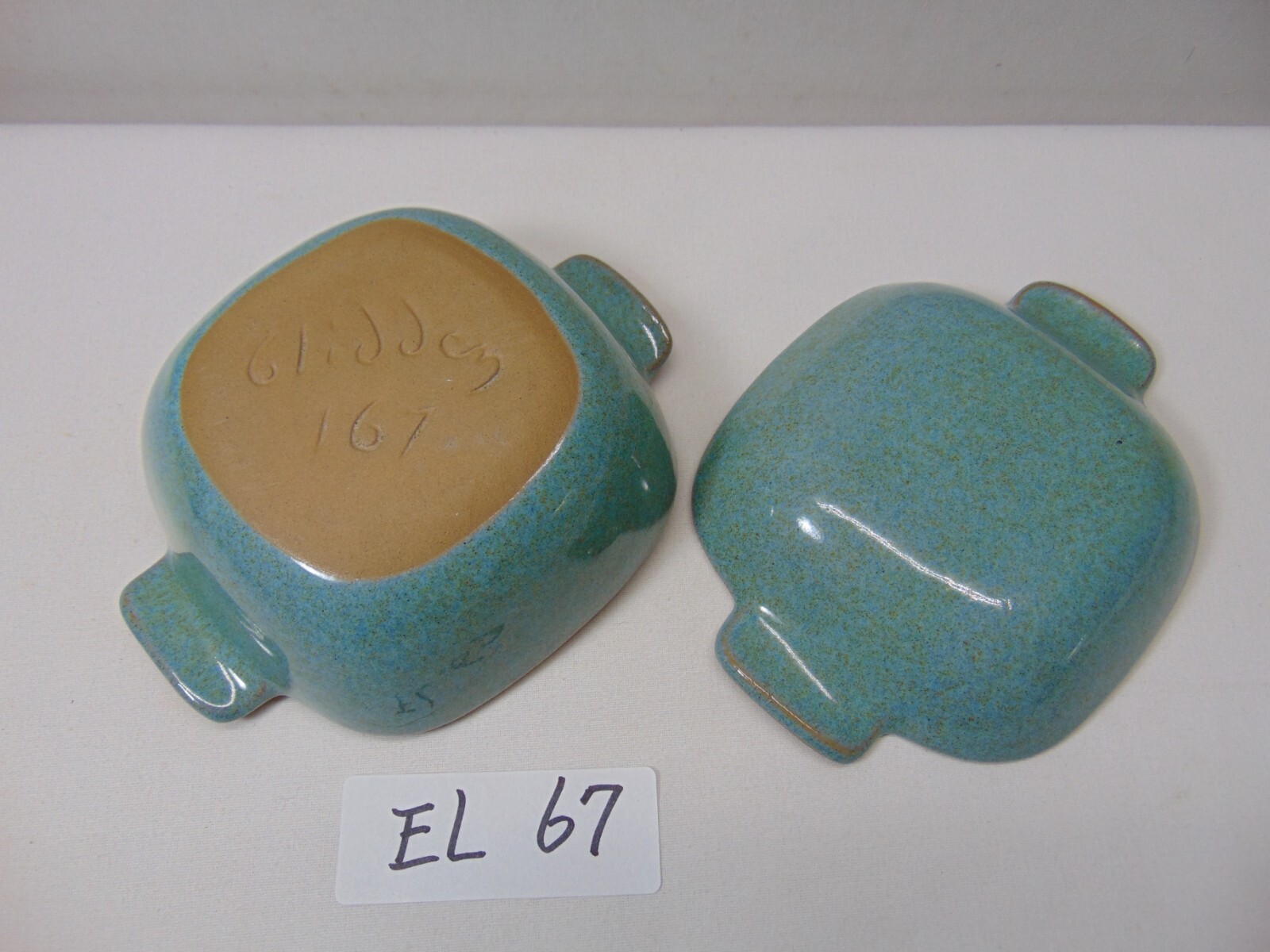 GLIDDEN POTTERY #167 RAMKIN DISH LID SIGNED SEAFOAM BLUE GREEN SPECKLED