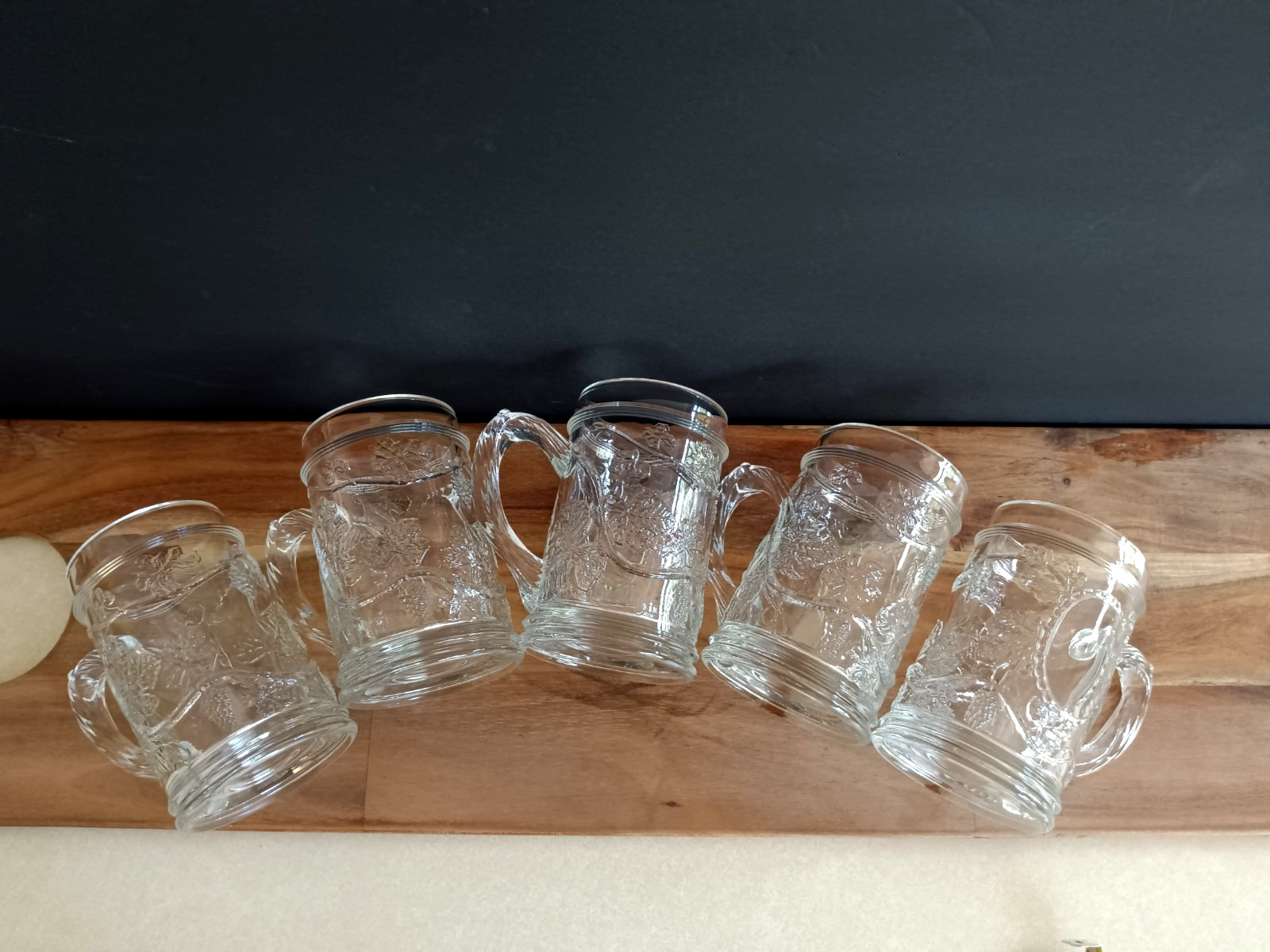 Vintage Grapevine Pressed Glass Beer Mugs Set of 5 Clear Heavy Glass Steins