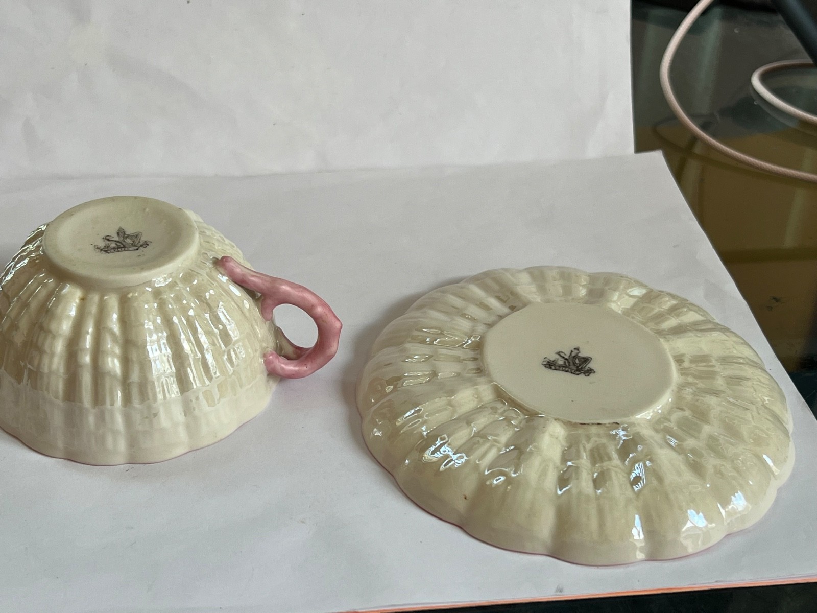 TRIO of IRISH BELLEEK Pink TRIDACNA Cup & Saucer & 7 1/2″ Plate – 1st Black Mark