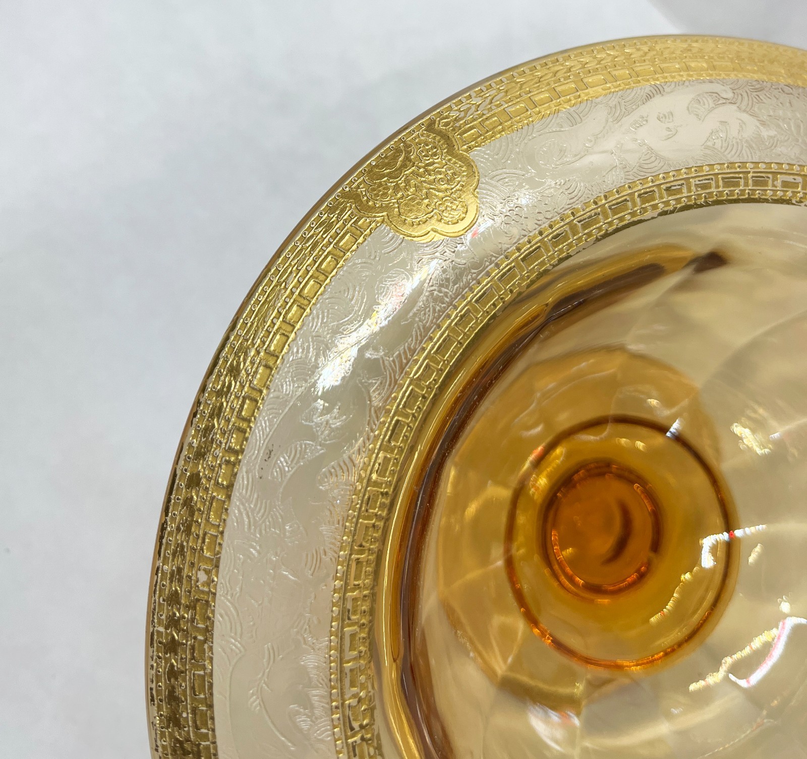 Vintage Amber Glass Pedestal Compote with Rolled Gold Decorative Rim