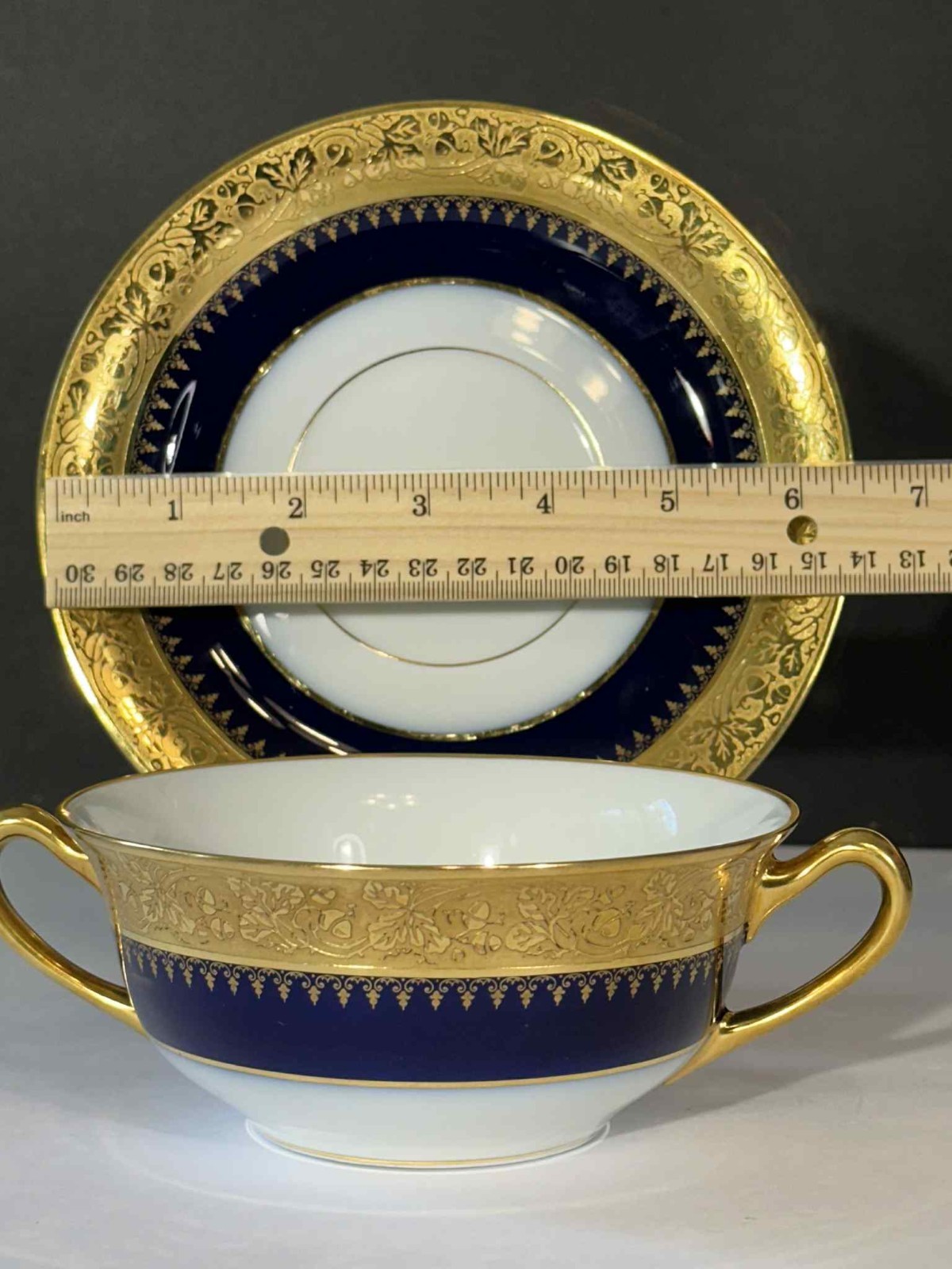 Antique P. Porschaud Limoges France Consommé Cup & Saucer Cobalt Blue Heavy Gilt